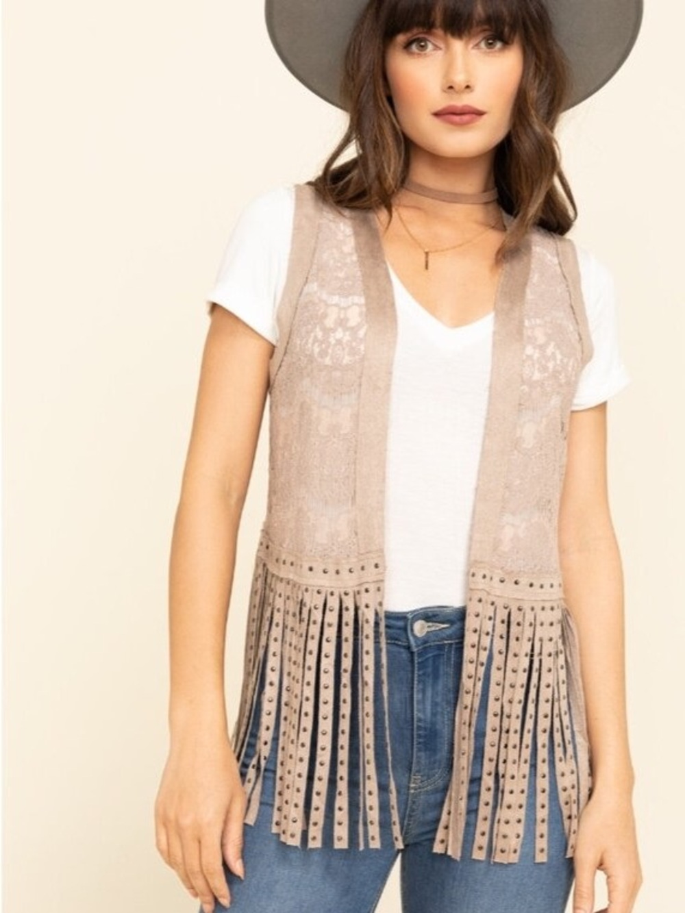 VOCAL WOMEN'S LACE STUDDED FRINGE VEST